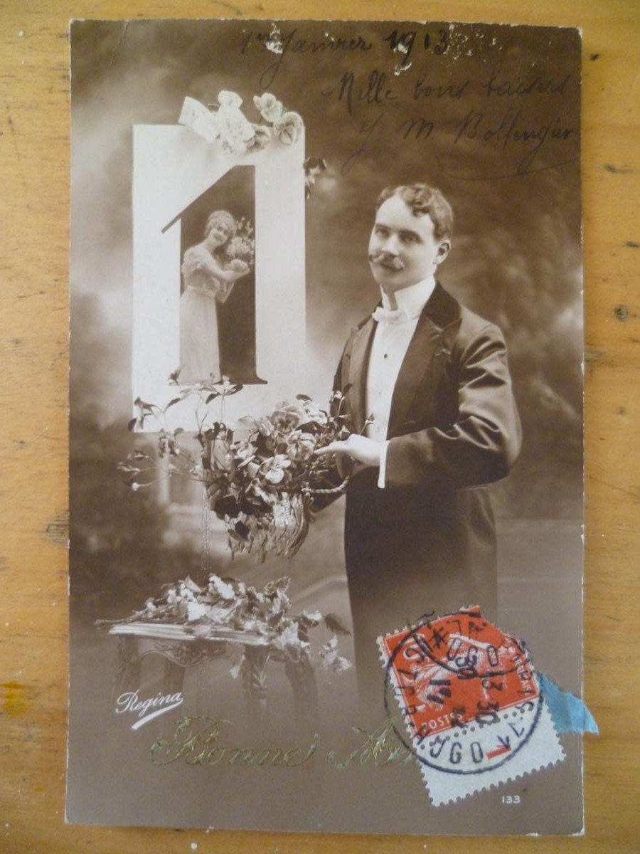 Art Nouveau Postcard Bonne Annee Vintage French Photo You are the One