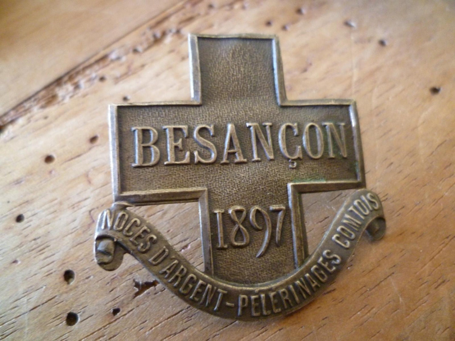 Victorian Badge Brooch Pilgrimage Pin From Besancon Noces D'argent 1897 Religious Artifact