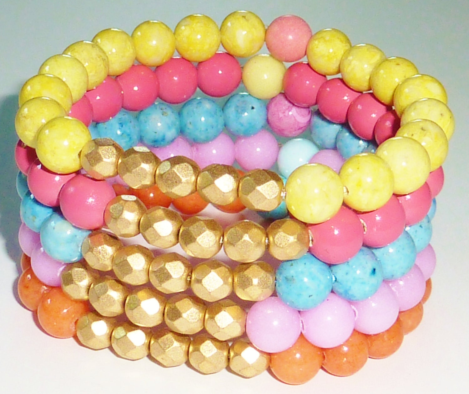 Beaded Bracelet Set in Sherbet Hues with Czech Fire Polished Glass Crystal in Matte Gold