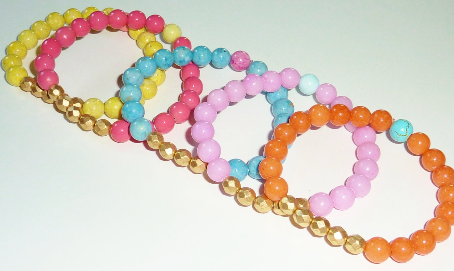 Beaded Bracelet Set in Sherbet Hues with Czech Fire Polished Glass Crystal in Matte Gold