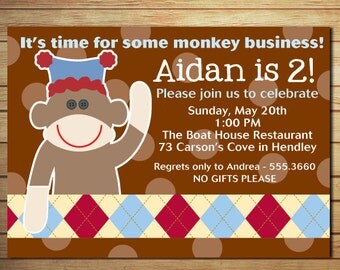 Sock Monkey Birthday Invitation - Printable