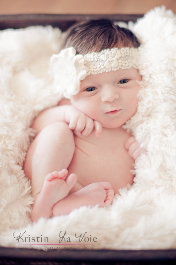 Flower Lace Headband - Ivory Cream Vintage Style - Girls Newborn Infant Baby Toddler Child Adult