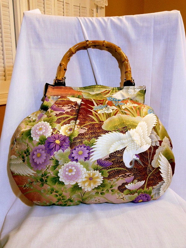 Japanese Bag Purse Tote Large Bag Bamboo Handle Japanese Kimono Cotton Floral fabric Chrysanthemum Iris Crane Pink In Stock