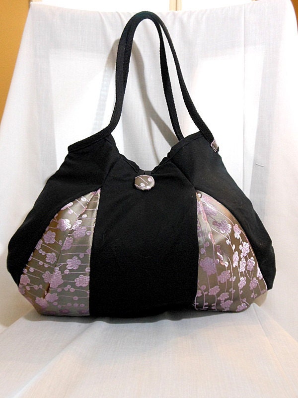 SALE Medium Handbag Bag Purse Hobo Bag Pink Japanese Plum Blossom Satin Fabric Black Pink Silver In Stock