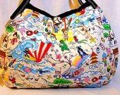 Kawaii Anime Bag Purse Hobo Handbag Japanese Anime Print Cotton Fabric Medium Bag Japan Sightseeing Beige In Stock