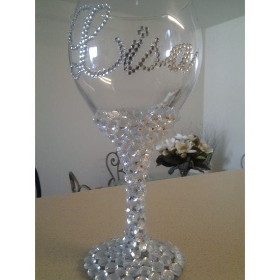 Personalized Rhinestone Wine Glass by MahoganyBDesigns on Etsy