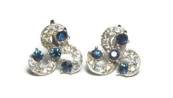 Bogoff signed blue and clear rhinestone silver plate stud earrings with screwback