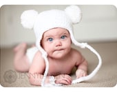 White Baby Bear Hat, Newborn Earflap Beanie, 2 Pom-Poms