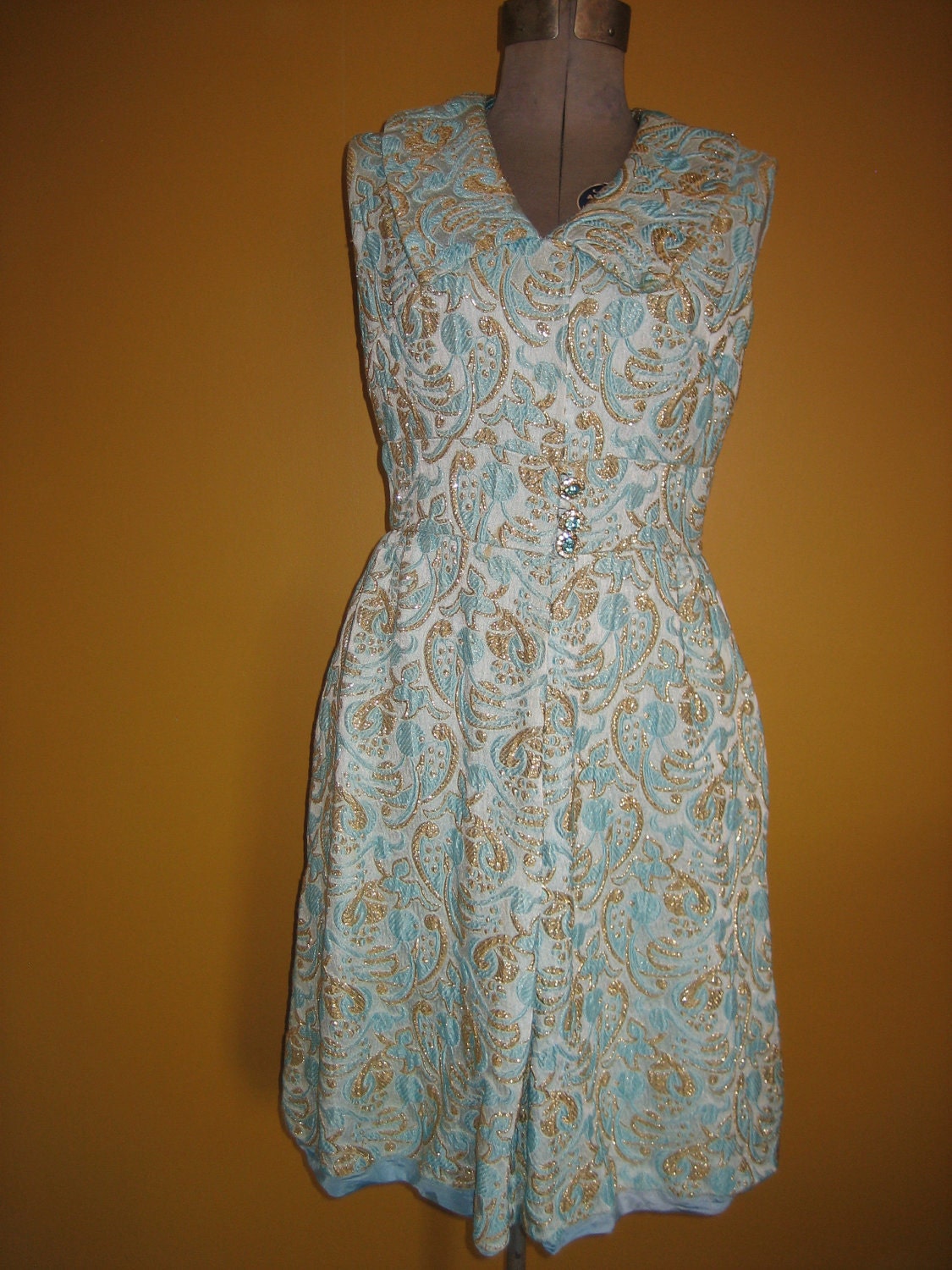 Mad Men Party Dress Vintage Metallic Turquoise and Gold Brocade Shift Dress