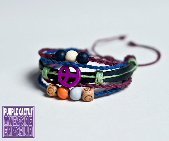 Handmade Retro Bracelet - Hemp and leather cord peace sign bead bracelet