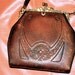 Art Deco or Nouveau 1918 Lotus Design Tooled Leather Bag with Enamel Jemco Frame Turnloc Latch -- SALE 10.00 OFF