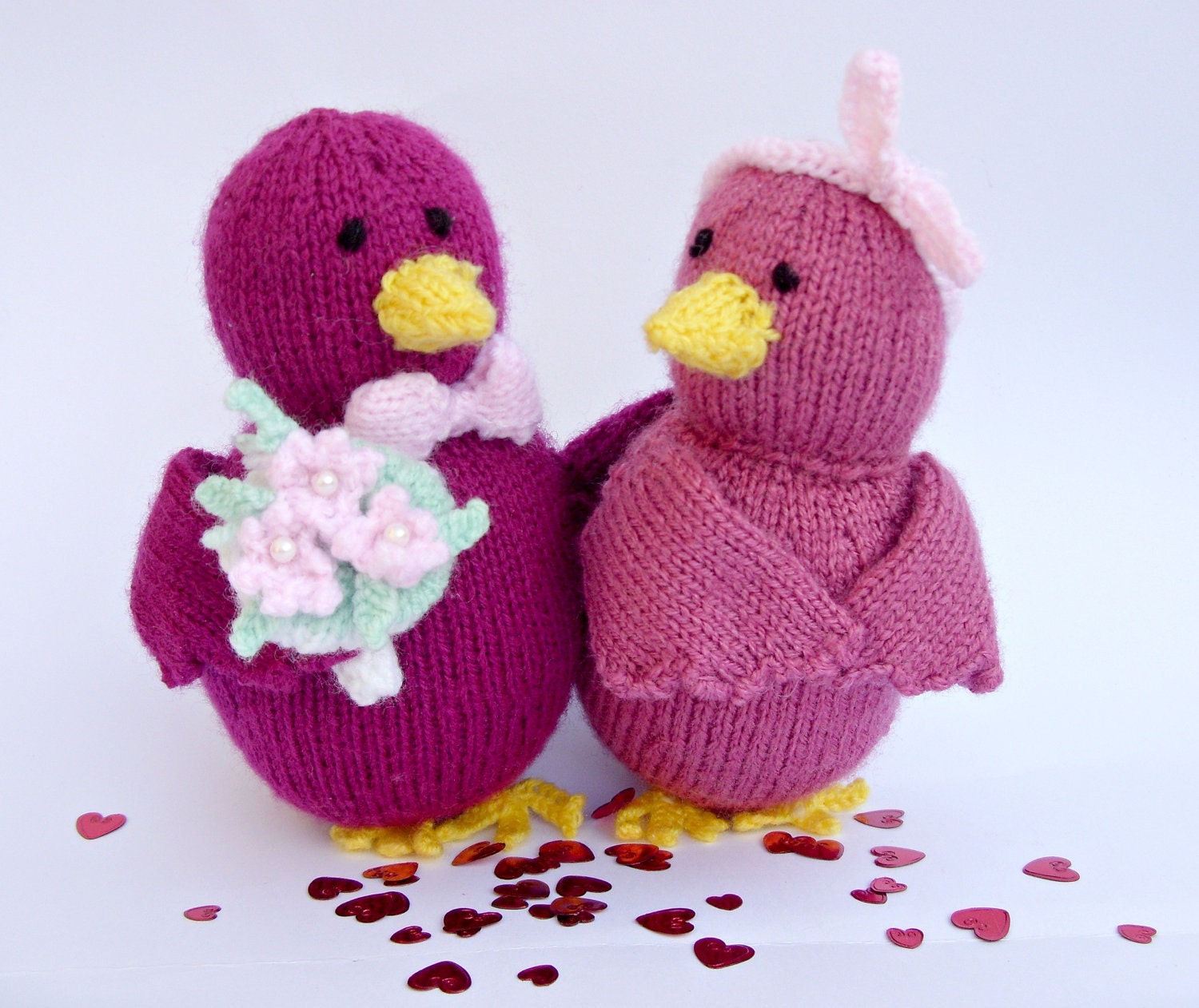 Lovebirds plush, pink with flowers, handknit