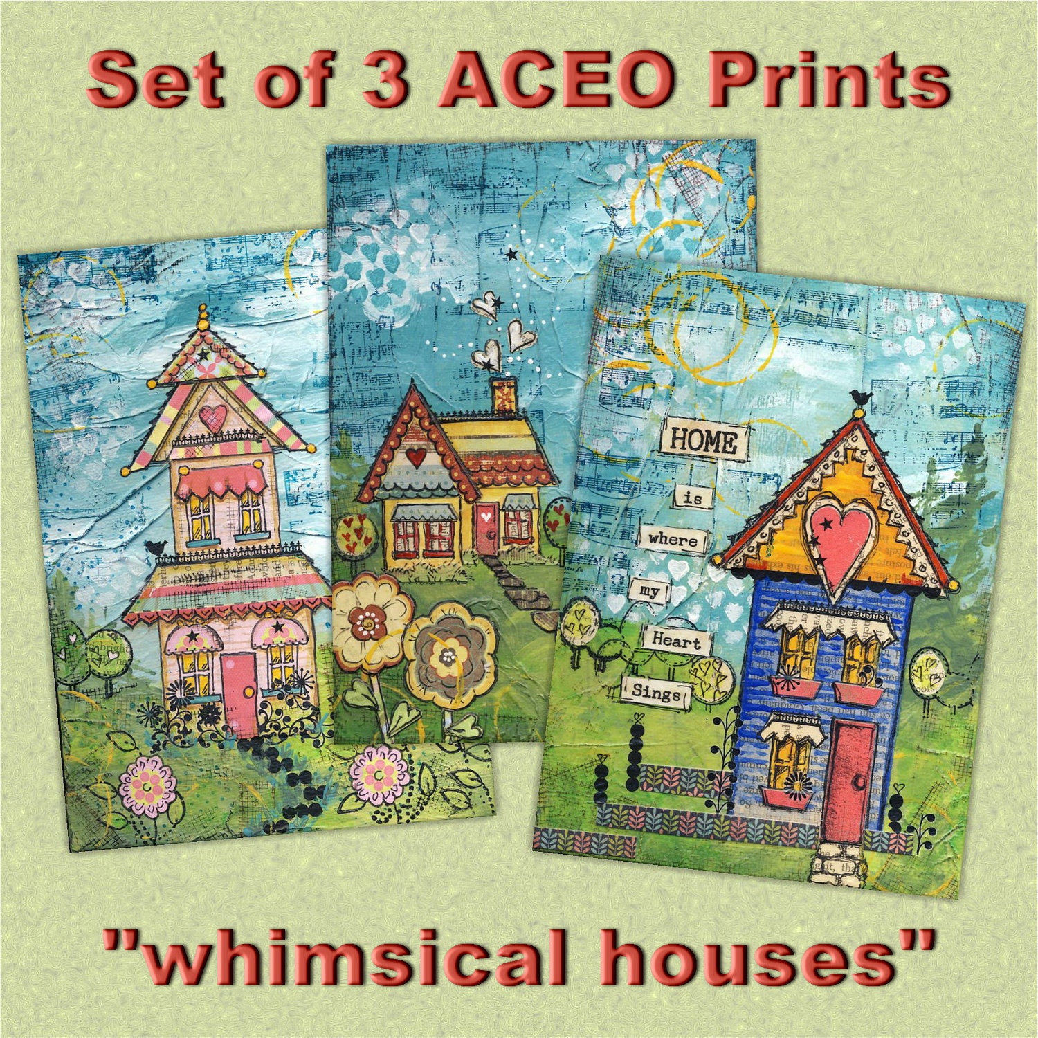 ACEO Prints Set of 3 Whimsical Houses Miniature Art by JoyHanna