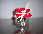 Mini Jam Jar with red polka dot cover & raffia bow