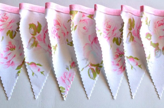 Pink Rose - Vintage Floral Bunting Banner with 12 Flags