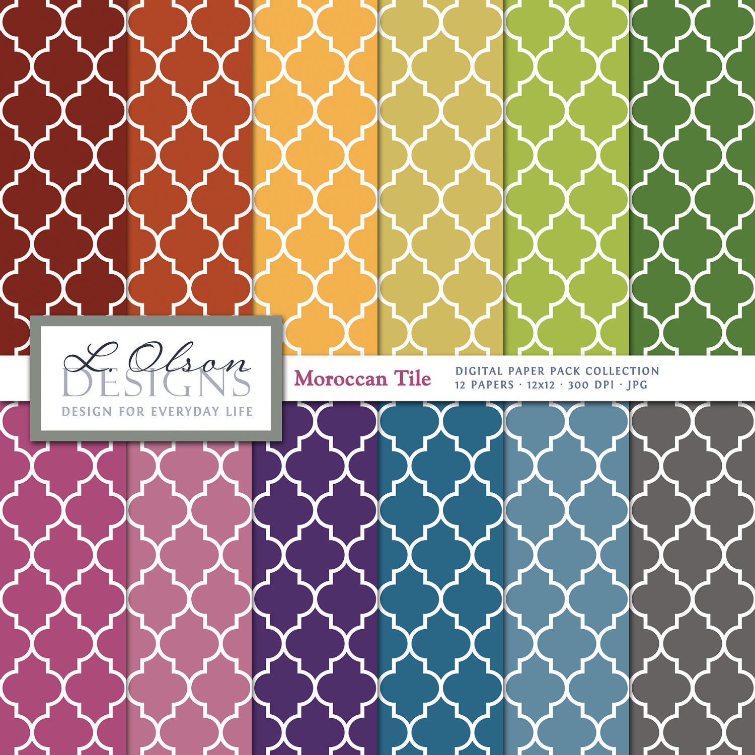 Rainbow Moroccan Tile Paper Pack - 12 digital paper patterns - INSTANT DOWNLOAD