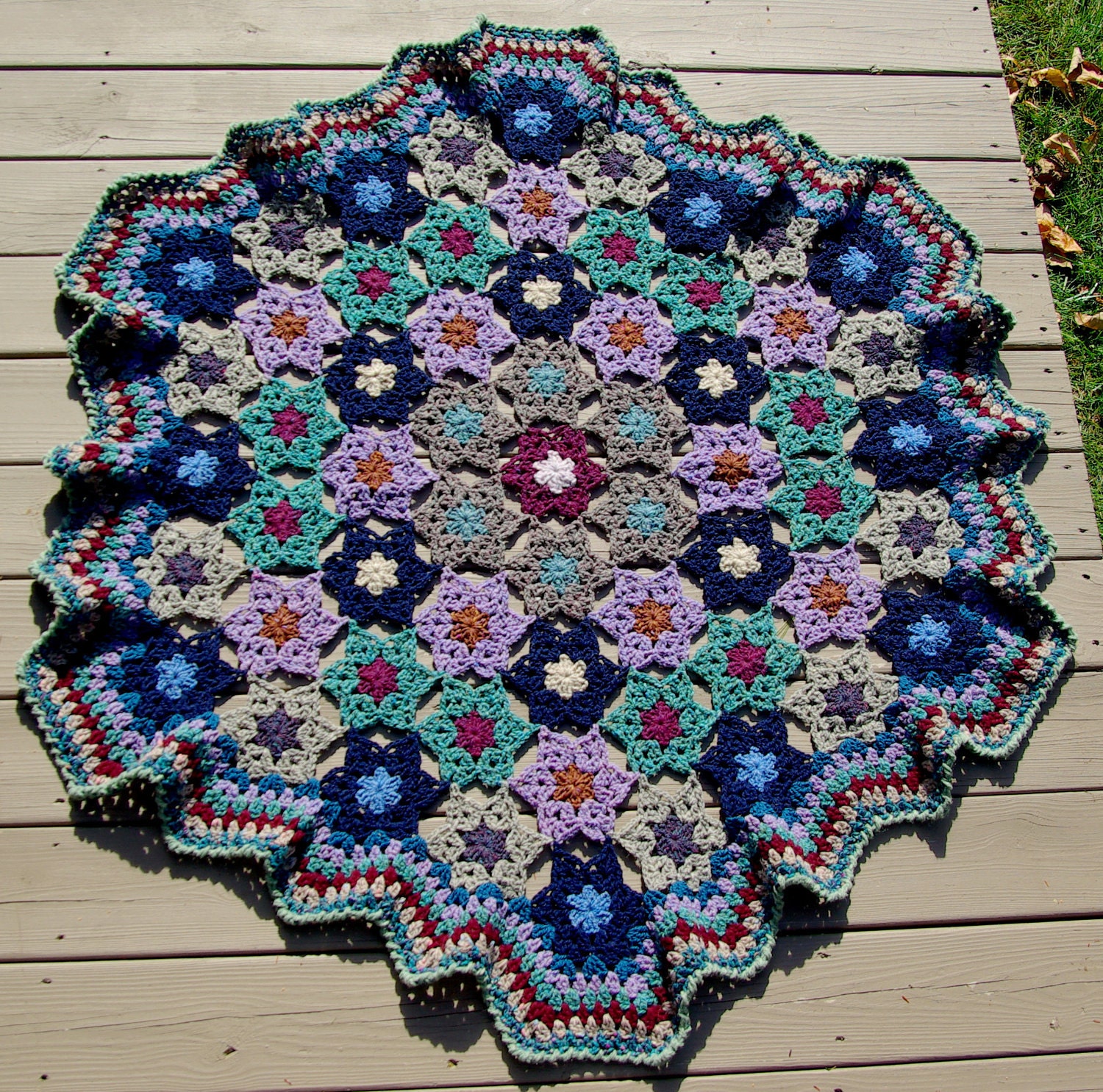 Wool Crochet Blanket or Lap Afghan Handmade Warm Afghan   Granny Square Flowers OOAK