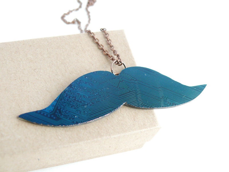 Mustache necklace made with blue Circuit board