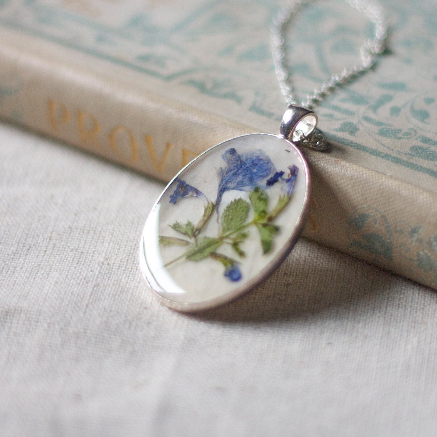 ON SALE pressed flower necklace blue flower garden winter colors handmade resin jewelry romantic beautiful pendant natural botanical jewelry