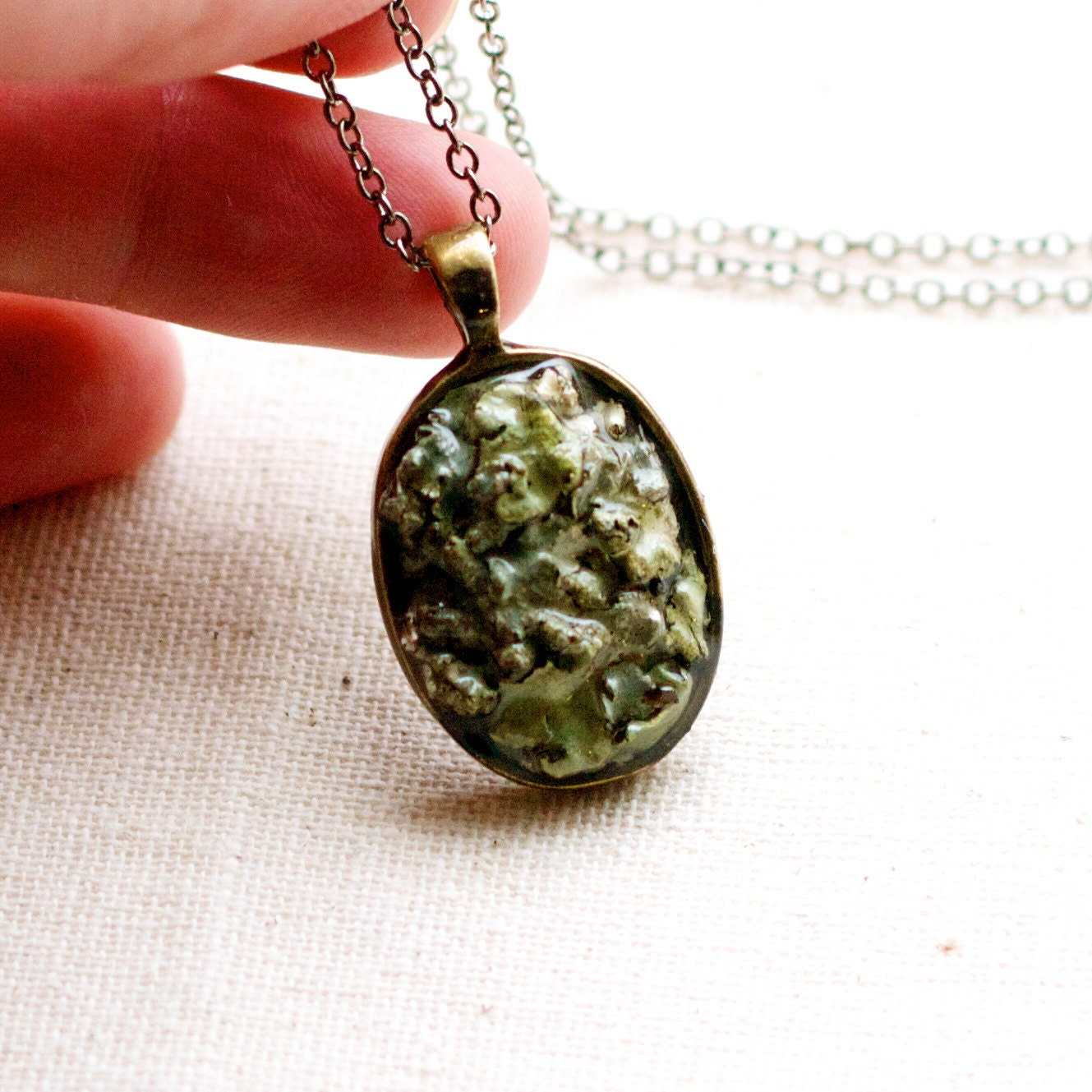 earth day lichen necklace real woodland jewelry pendant handmade botanical necklace. sage green, earth tones, texture. tree.