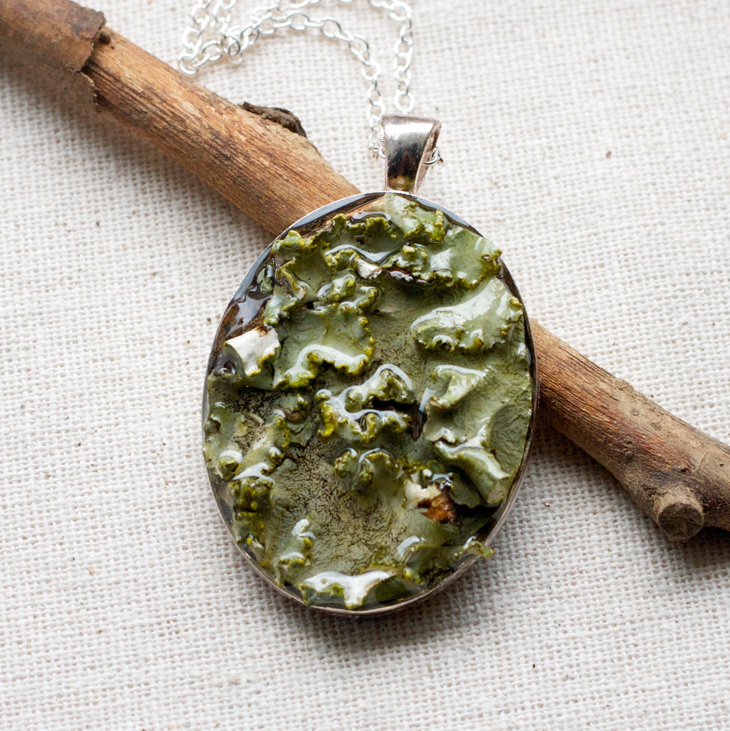 lichen necklace real woodland jewelry pendant handmade botanical necklace. sage green, earth tones, texture. tree.