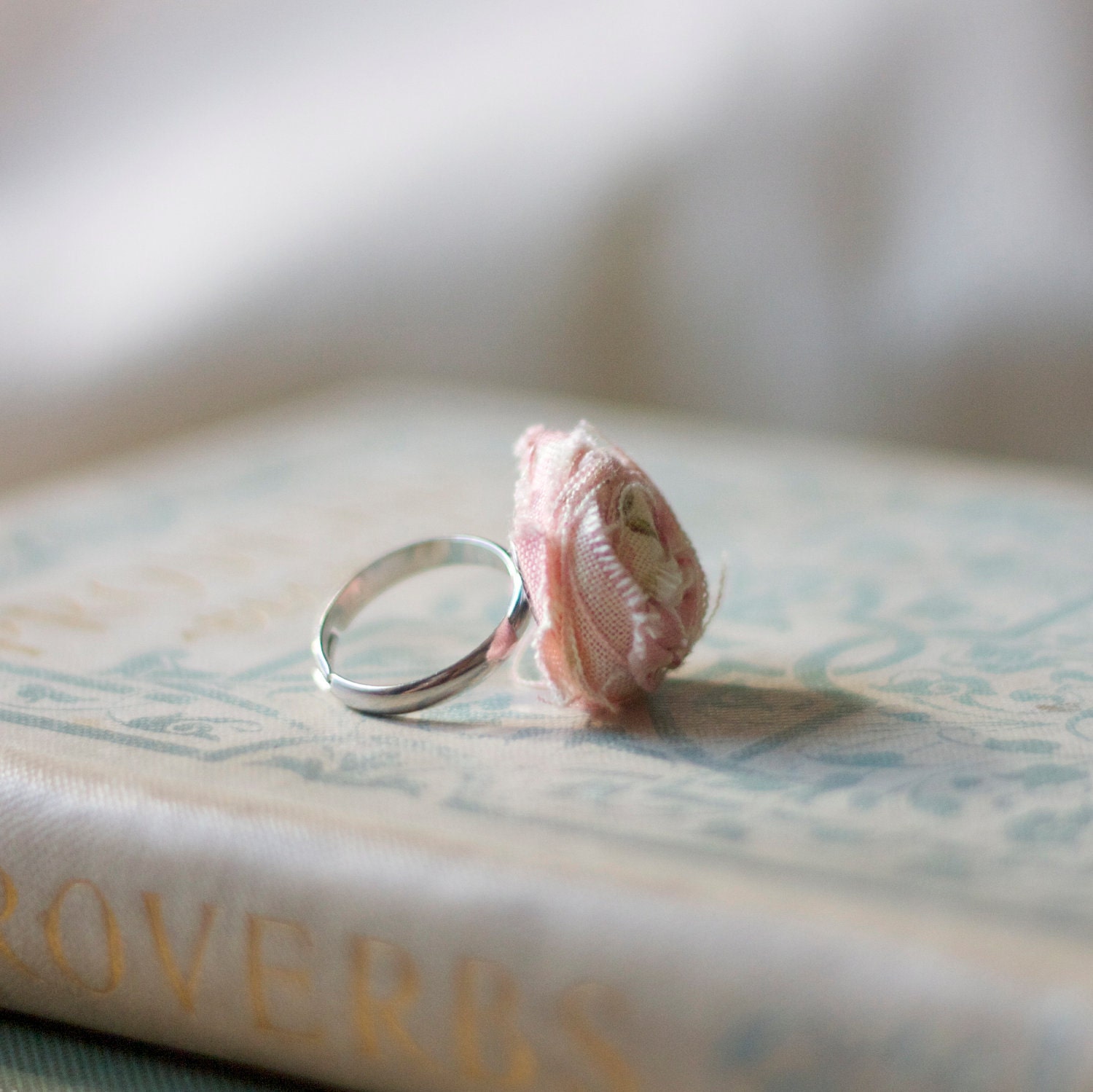 rosette fabric ring rolled rose fabric. fabric flower. rose garden tea party - adjustable silver base - shabby chic and charming