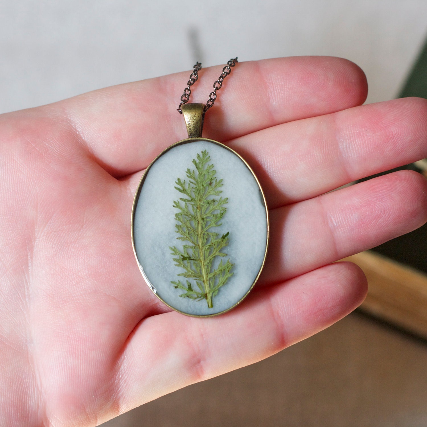 pressed fern necklace green leaf real pressed botanical Pendant Jewelry with Handmade Paper - resin jewelry spring summer garden