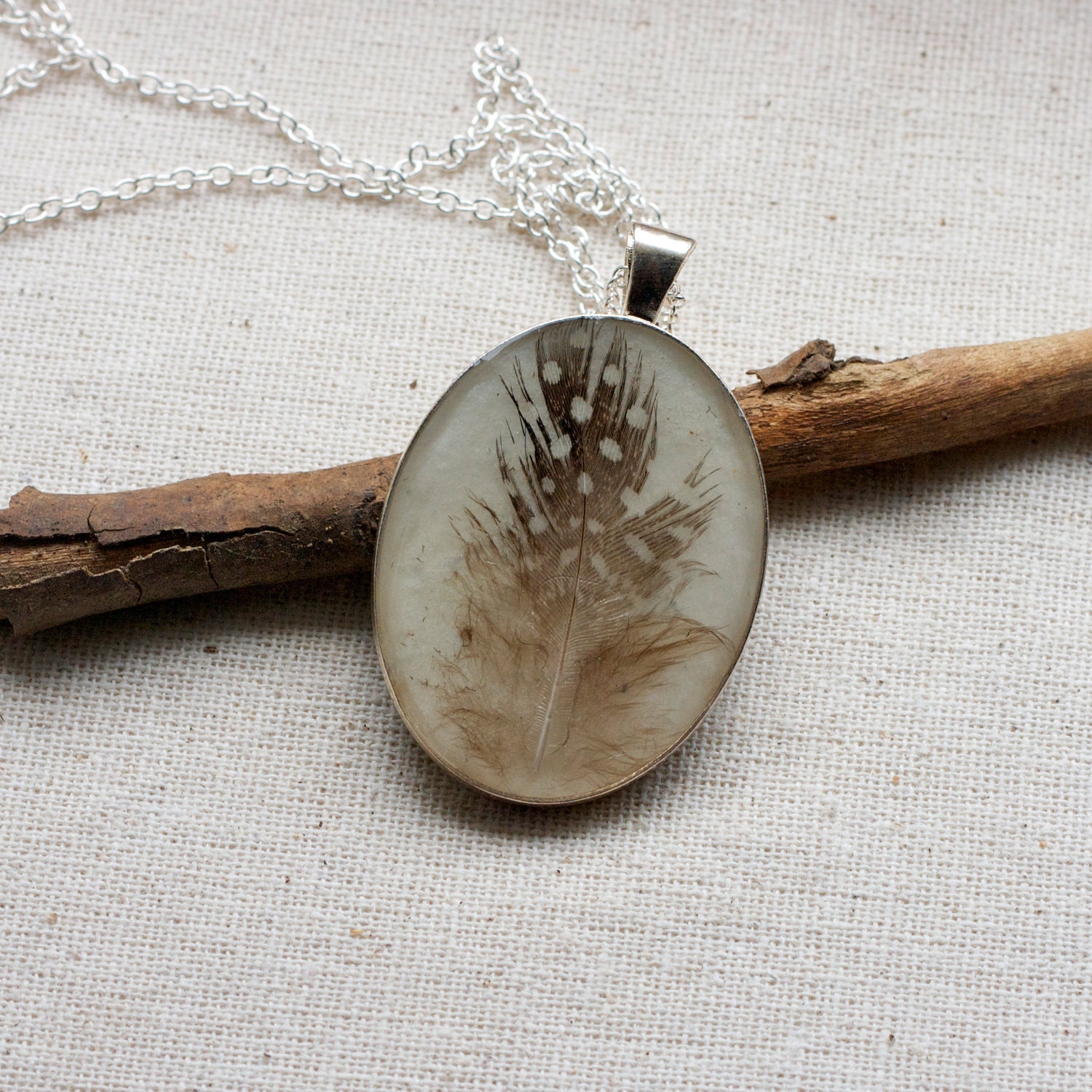 ON SALE real feather resin necklace Natural Guinea Feather pendant polka dot nature black and white cream woodlands prairie