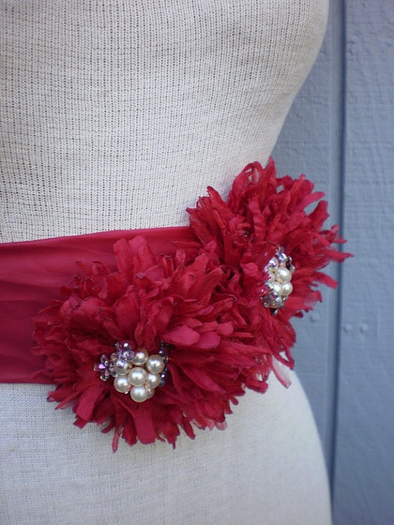 wedding Bridal Sash With two Unique Design Flowers and a hair piece