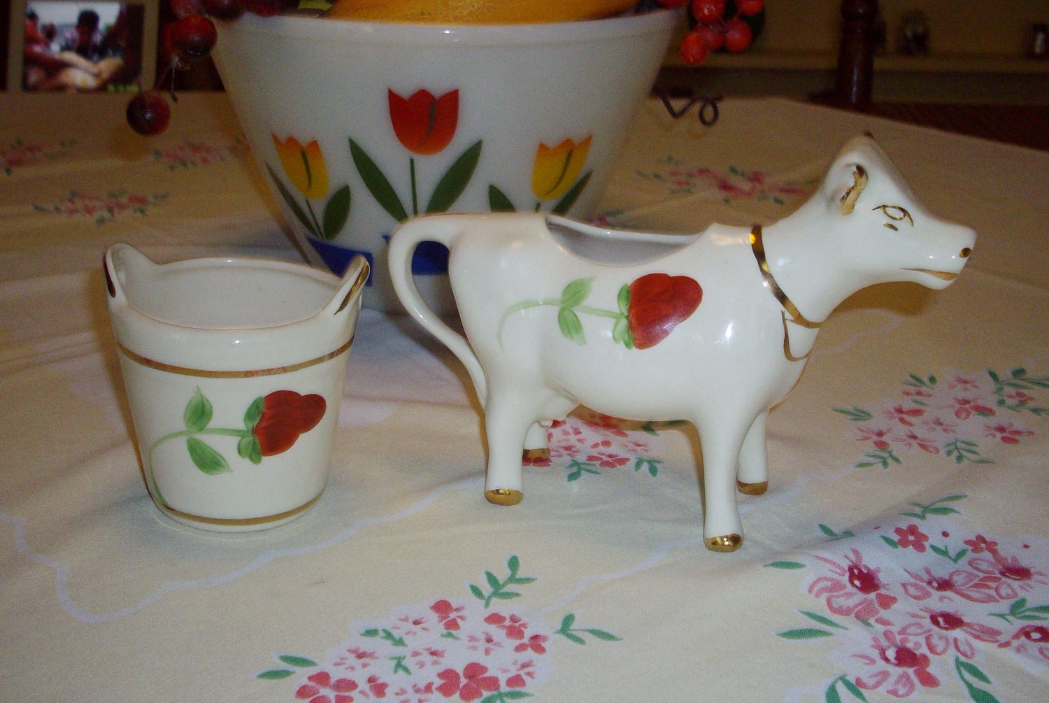 Vintage Creamer Sugar Set Cow Bucket 1930's Farmhouse Cottage Shabby Chic