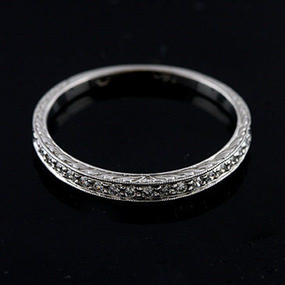Engraved Art Deco Style Half Way Diamond 14k White Gold Wedding Band