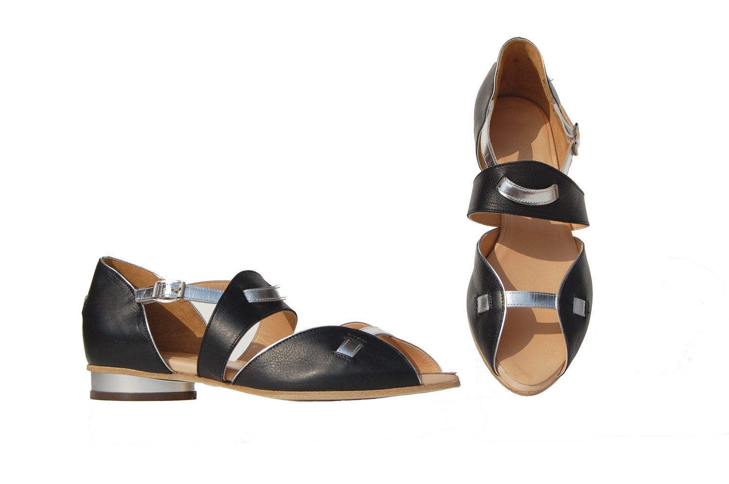 Handmade black and glassy silver kidskin leather flat sandals