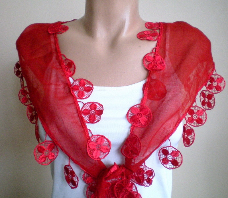Red Scarf Women Scarf Cotton Scarf Neckwarmer Cowl with Lace