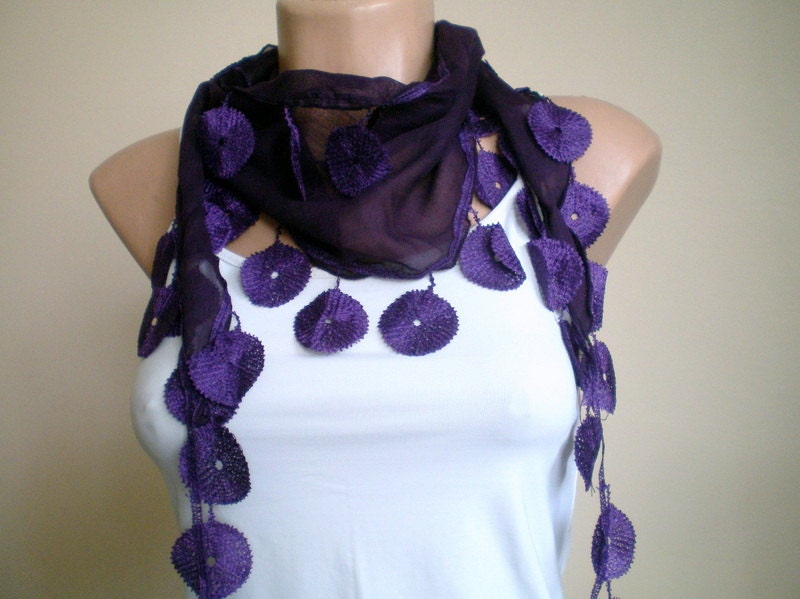 Purple  Scarf Cotton Scarf Headband Cowl with Lace Edge Women Scarf