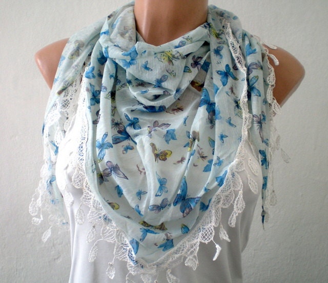Blue Butterfly Print Chiffon Blue Scarf Shawl Summer Scarf