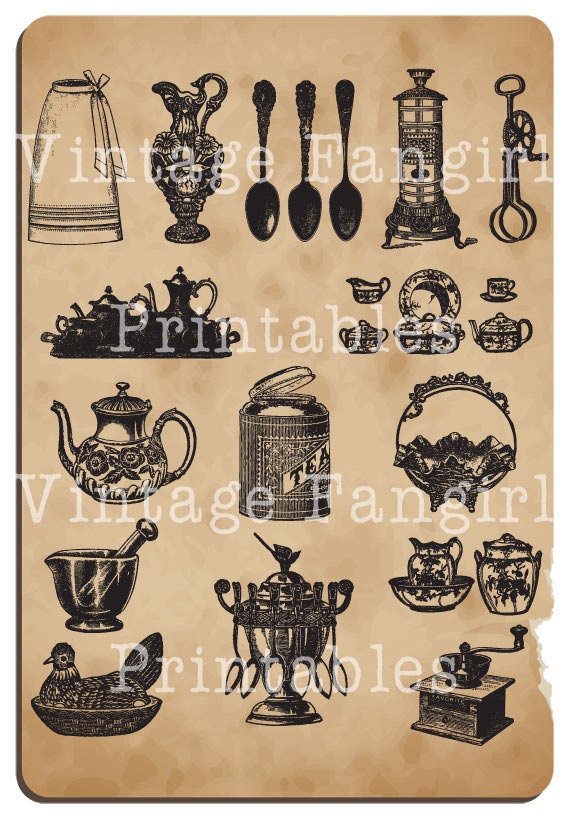 15 Vintage Kitchen Items Clip Art Collection - 100% Scalable Vector Art