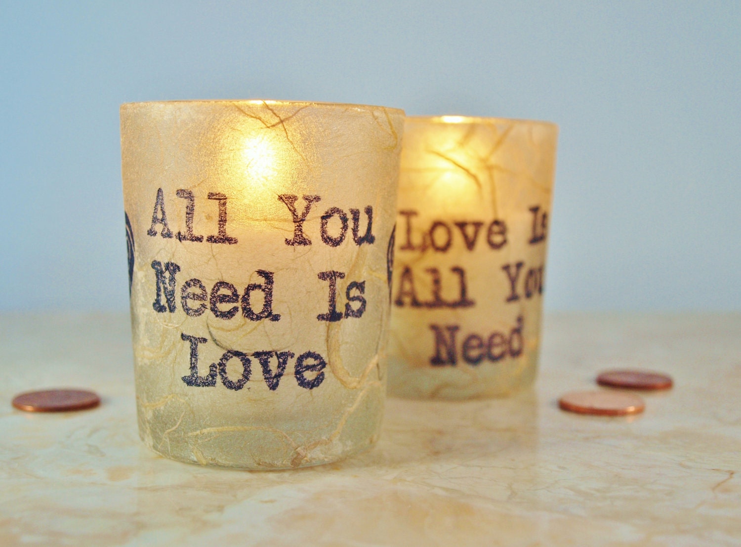 2 Wedding Votive Candles, Candle Holders, "All You Need is Love" Beatles, Rustic, by Green Orchid Design Studio