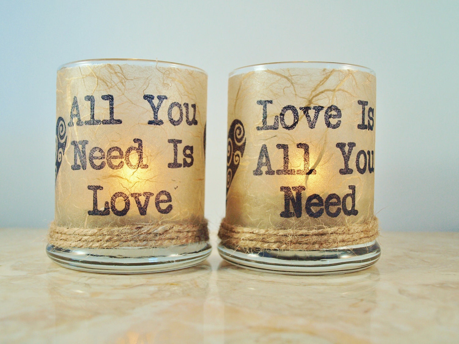 2 Candle Holders "All You Need is Love" Beatles, Valentine Gift, Rustic Wedding, by Green Orchid Design Studio - GreenOrchidDS