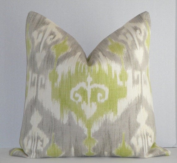 Decorative Pillow Cover / 20 x 20 / Grey / Lime Green / Off White / Ikat On BOTH SIDES