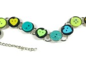 Button Bracelet Neon Heart Buttons in Aqua and Lime on a Silver Link Bracelet - Ready to Ship