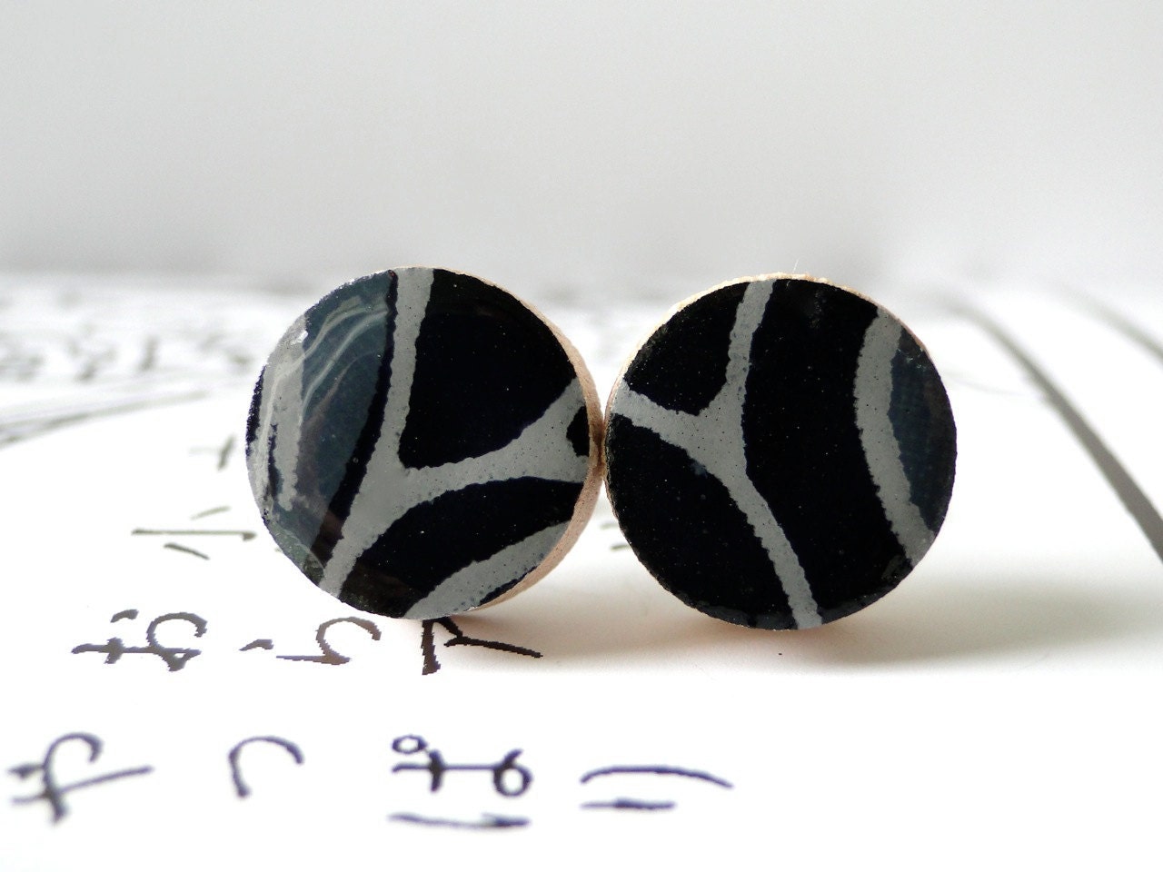 Black Ear Studs Japanese Paper, Halloween earrings, Black Earrings, Chiyogami earrings, gift under 10