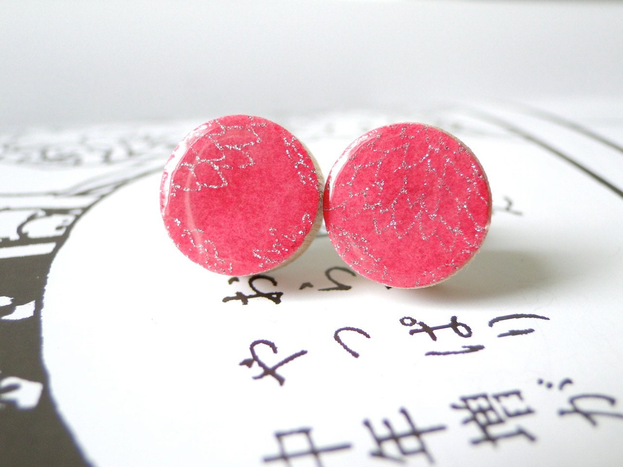 Hot Pink Stud Earrings Japanese Chiyogami Paper