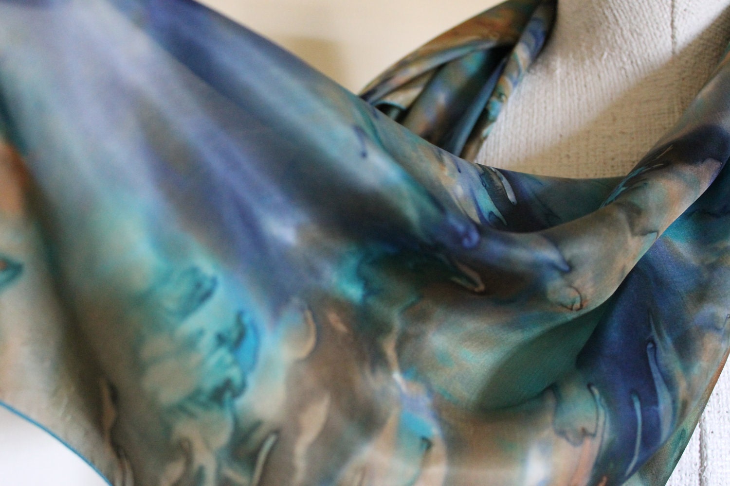 Vintage Scarf Watercolor Print in Blue, Beige and Brown