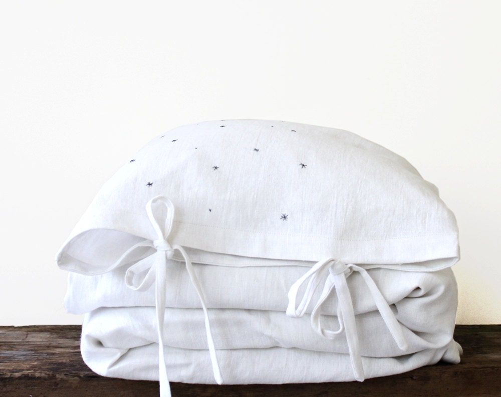 Toddler Bedding set - European Linen Fabric White (grey stars embroidery)