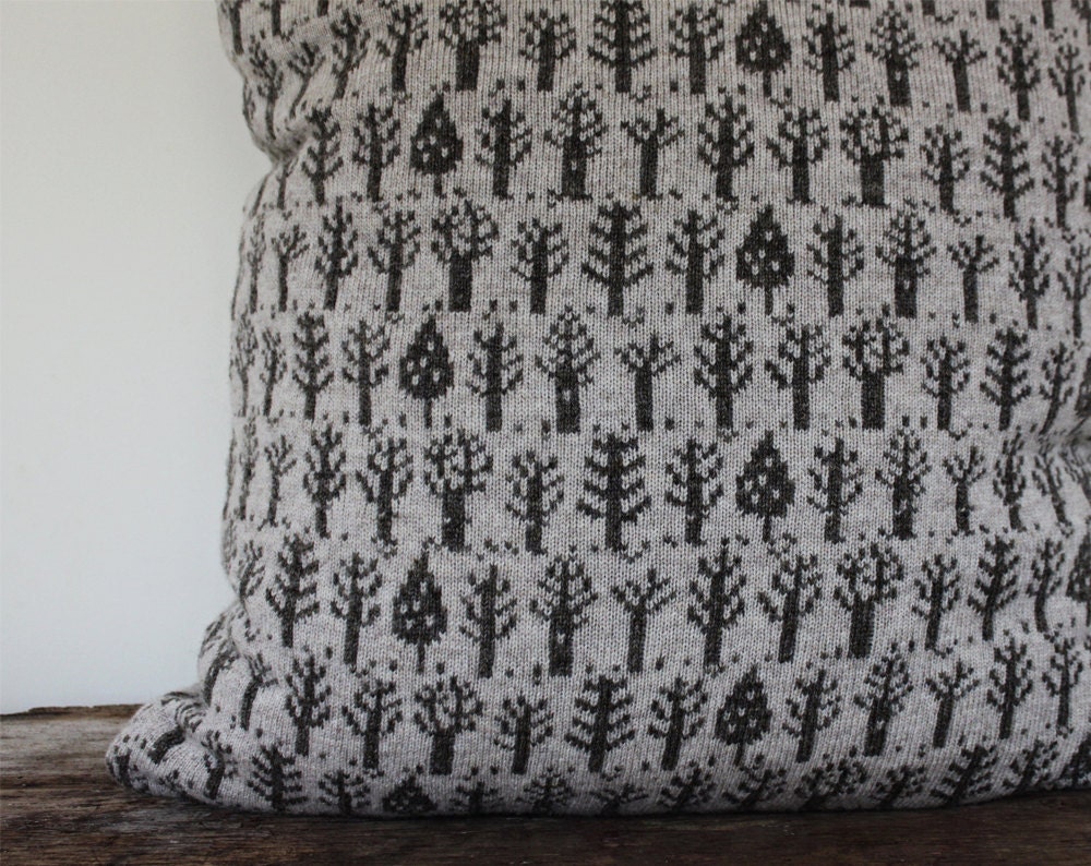 Pillow - Little Trees, large soft knitted pillow - ecru, brown 24x24, includes insert