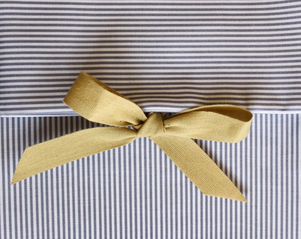 ORGANIC Toddler Bedding set - white and grey stripe, chartreuse ribbon