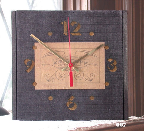 Unique Upcycled Cigar Box Clock Black Rough Natural Wood Desk Shelf Man Cave Office Male Gift