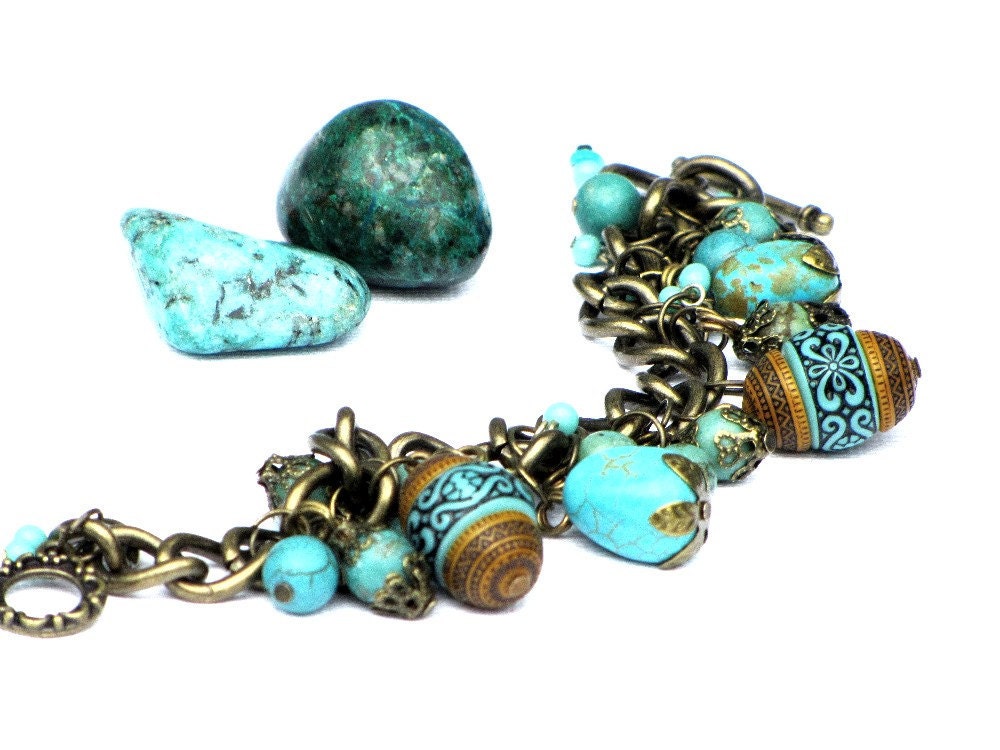 Turquoise Cha Cha Brass Bracelet Turqouise Howlite Vintage Beads Brass Findings Gifts for Mom Spring Jewelry Recycled