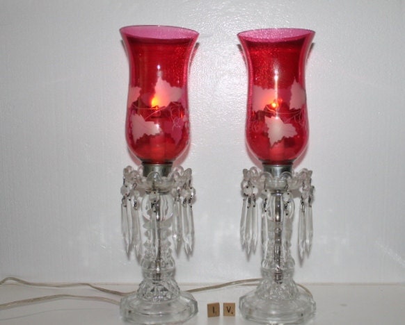 Reserved  for Pnoto           Vintage Hurricane Lamps ruby glass with crystal prisms 1930's