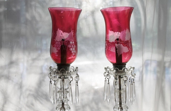 Reserved  for Pnoto           Vintage Hurricane Lamps ruby glass with crystal prisms 1930's